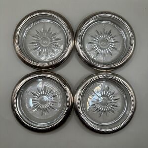 Vintage Crystal Coasters Set Silverplate Rim Leonard Italy Glass